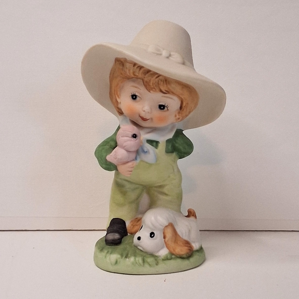 Vintage Ardco Ceramic Boy Figurine Holding Baby Bird Puppy Green Overalls